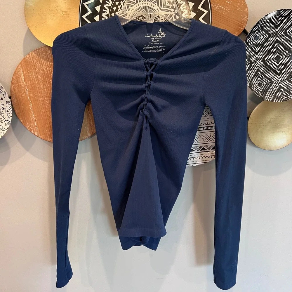 Intimately Free People Navy Blue Ribbed Lace Up Front Long Sleeve Top XS S